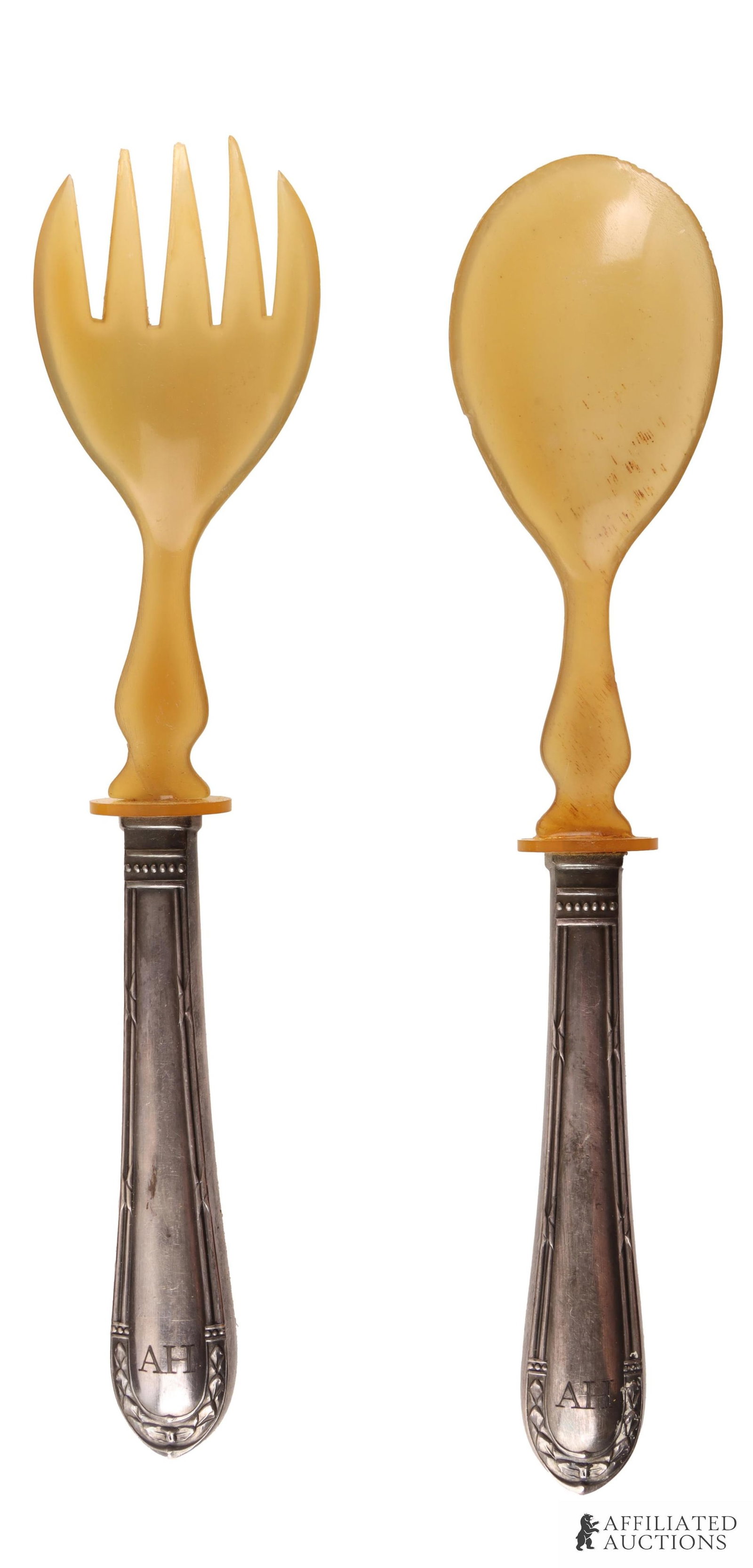 Salad Set Adolf Hitler WWII German Third Reich: A salad tossing set bearing the monogram 'AH' for Adolf Hitler. Silver. Cased.