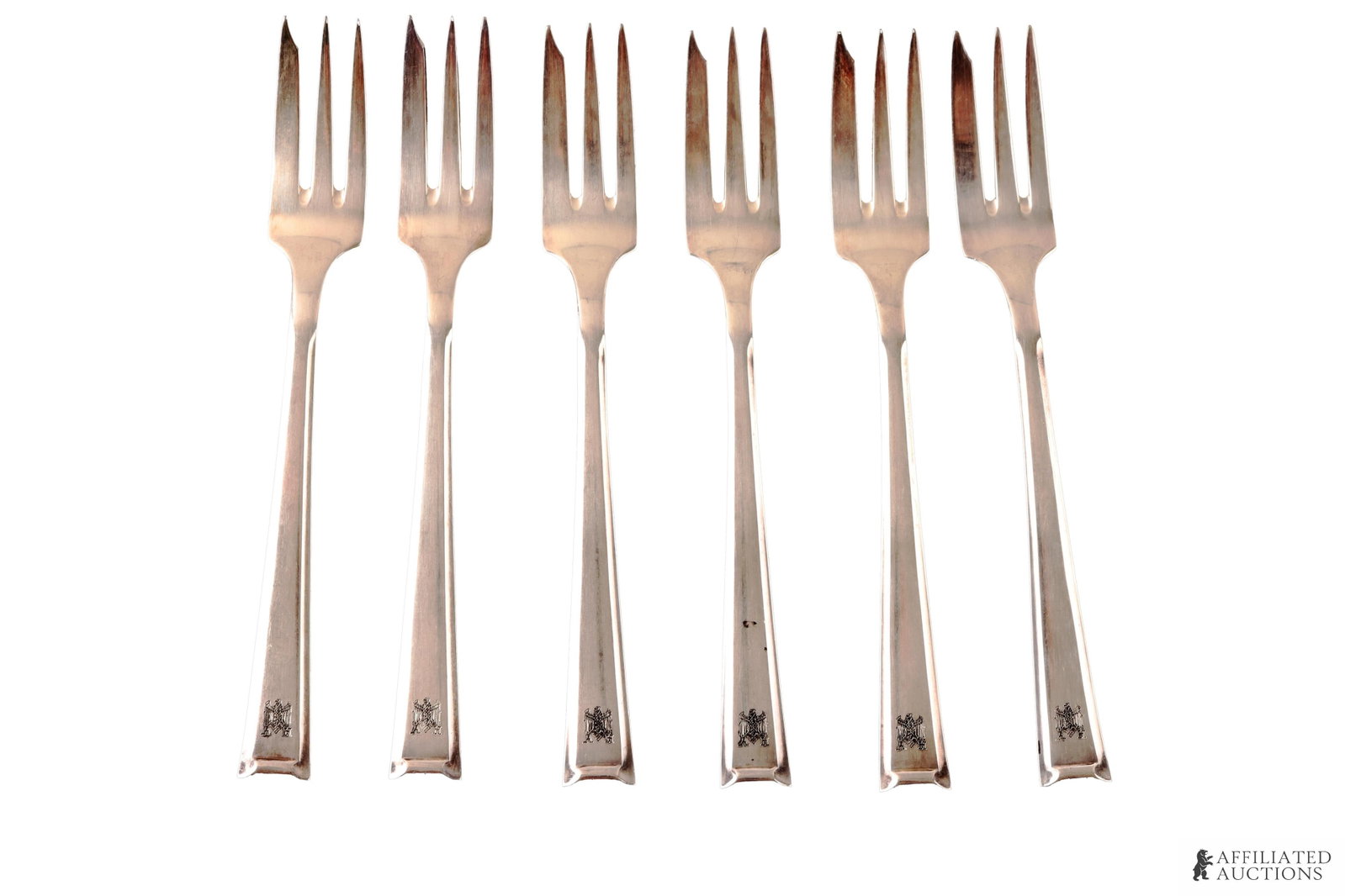 Set of 6 Adolf Hitler Dessert Forks WWII German: 6 inch dessert forks monogrammed with eagle and AH, Maker marked Bruckmann, 90, and 18. Silver plated. Unauthenticated. | This lot has a reserve.