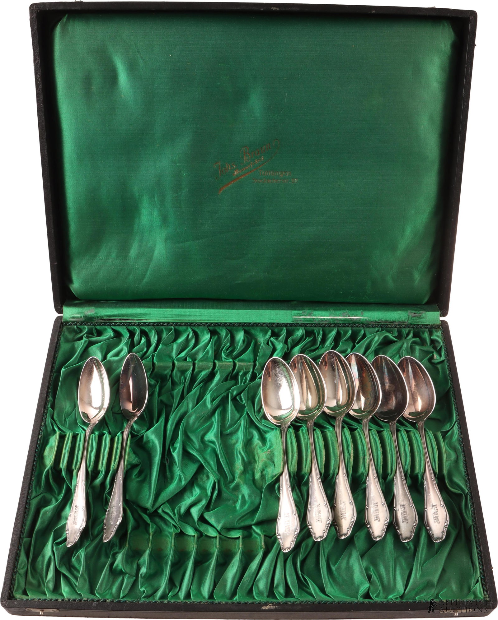 WWII 8 Kriegsmarine Bismark Ship Silver Spoons: Silver plated set. Engraved with Kriegsmarine insignia and ship name "Bismark". They measure 7 1/4 inches.