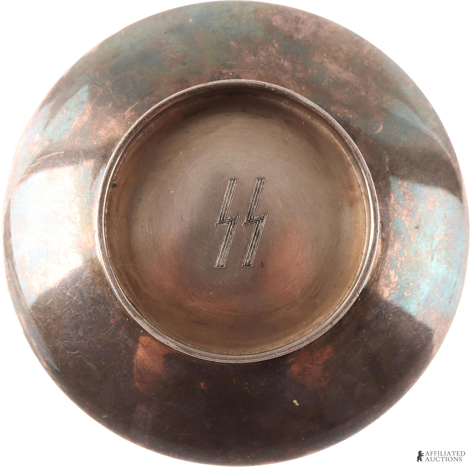 WWII German SS Engraved Bowl: SS rune monogrammed. Marked Gebr Hepp 2. It measures 3 1/8 inches diameter and 1 inch tall. | This lot has a reserve.