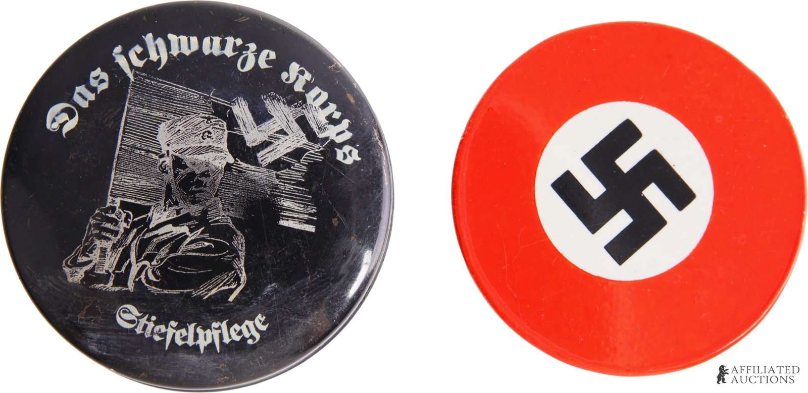 WWII German Army Shoe Polish & Shaving Mirror: They measure 2 1/4 inches and 2 3/8 inches. | This lot has a reserve.