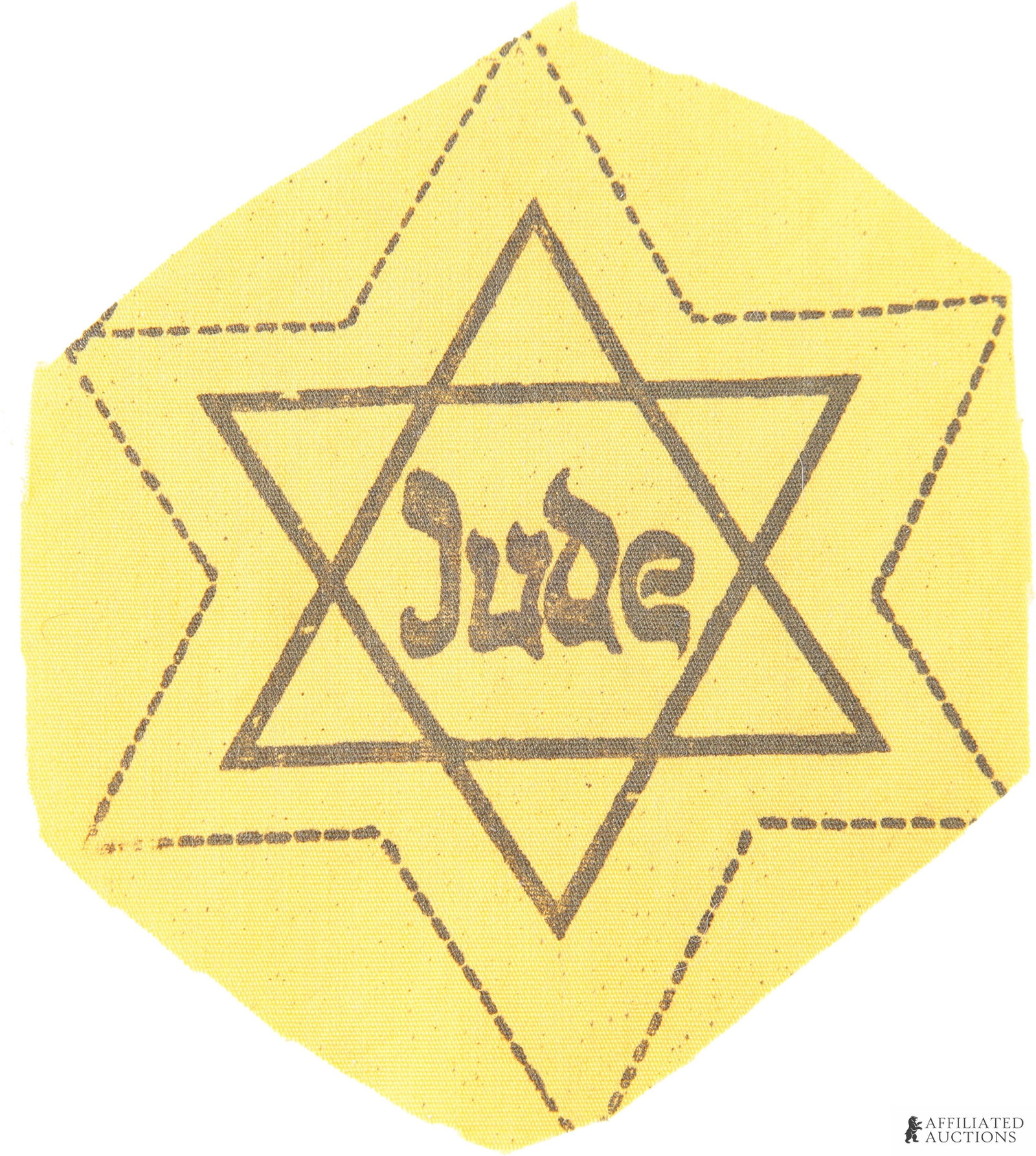 Jude Yellow Star of David Holocaust WWII: A yellow star of David with the word 'Jude' (Jew) inked onto the center, written in a mocking semi-Hebrew script. This is from a production sheet and includes cut guide-lines. Non-fluorescing. Approxi
