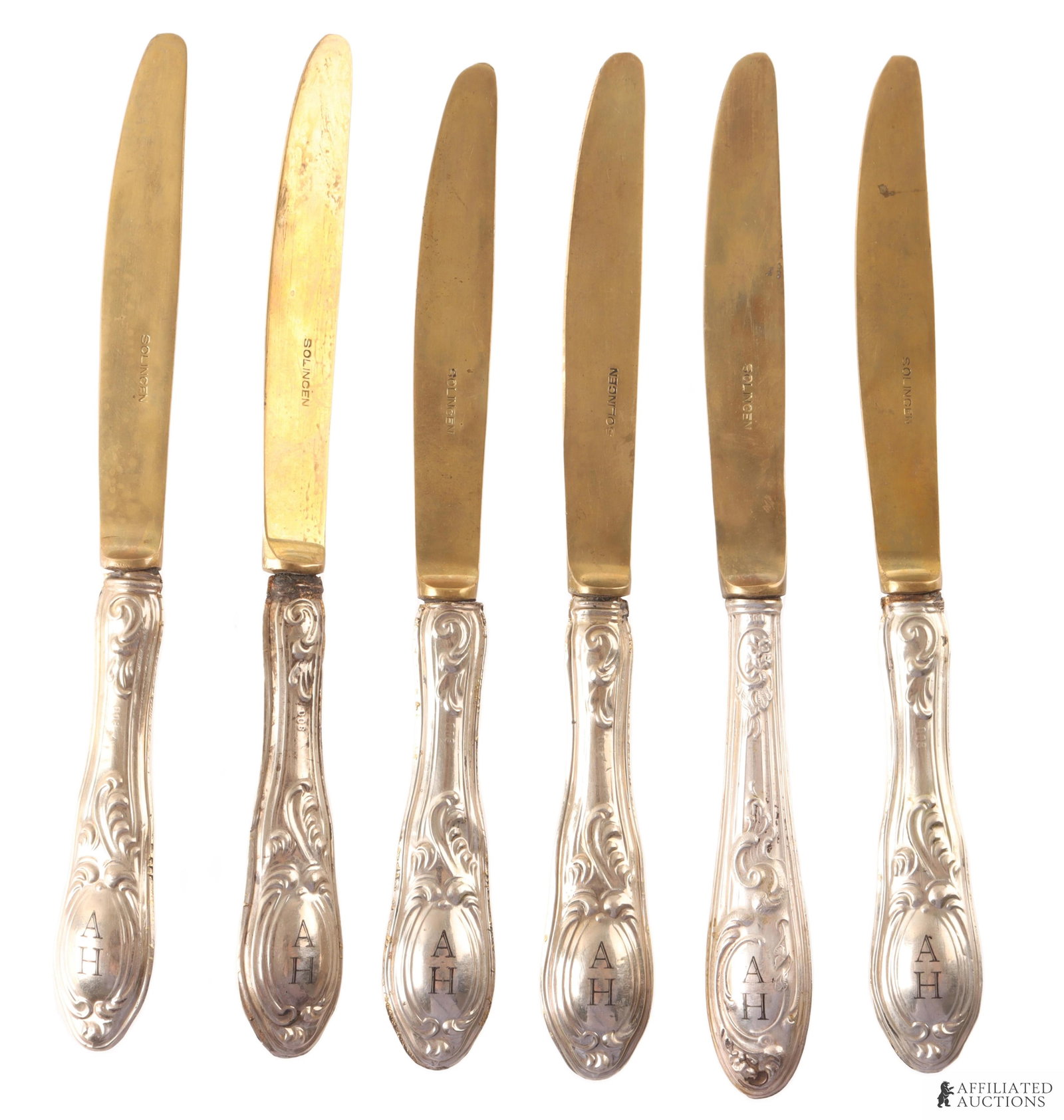 Adolf Hitler Table Knives WWII German Lot of 6: A set of six (6) table knives bearing the Adolf Hitler monogram. .800 silver.