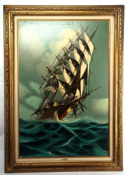 ORIGINAL VINTAGE RENATO LONGANESE SHIP PAINTING: Large (31.5 by 43.5 inches overall) vertical painting of a clipper ship under full sail. Canvas size is 24 by 36 inches. Original frame. Signed UL. Plaque has artist name incorrectly spelled (Longares