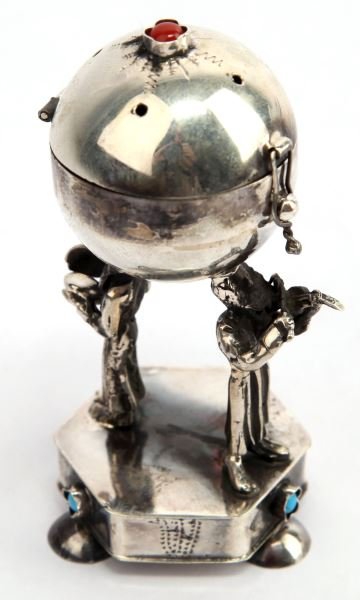 RUSSIAN SILVER SCENT BOX WITH FIGURAL MUSICIANS: Judaic scent box measures approximately 3 inches in height and is hallmarked A.A ,1894, 84. Some tarnishing; overall in very good condition.