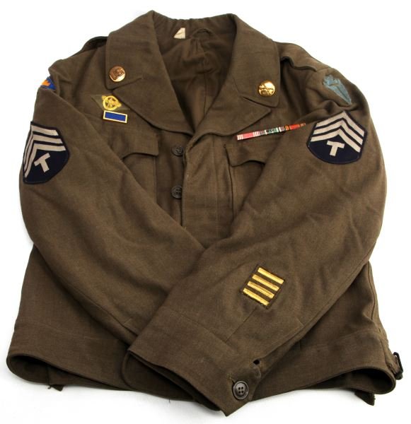 WWII US ARMY IKE JACKET TECHNICIAN 4TH GRADE: Tunic is made by P.L.S. Clothing Manufacturing Co. and is dated Dec. 16, 1944 and is a size 36R, decorated with a Army Presidential Unit Citation, Ruptured Duck, Army good conduct medal, Armed Forces 