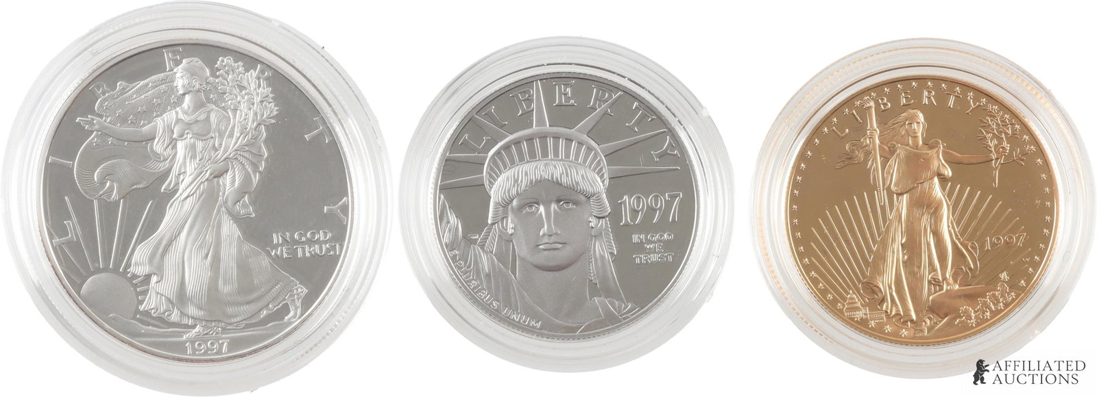 1997 American Eagle Impression of Liberty Coin Set: Contains 1 oz of Gold, 1 oz of Platinum, & 1 oz of Silver. This stunning set contains all three of the 1997 Proof American Eagle coins in Gold, Silver and Platinum. The Platinum American Eagle was fir