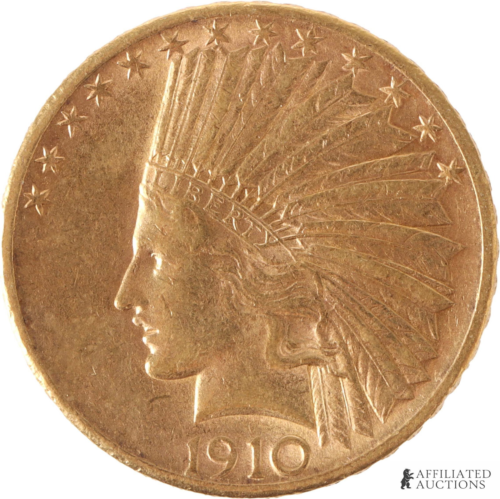 1910 $10 Liberty Head 90% Gold Coin: One $10 90% gold coin from 1910. Contains approximately .24 ounces of gold. Metal: 90% gold Country of Origin: USA Year Minted: 1910 | This lot has a reserve.