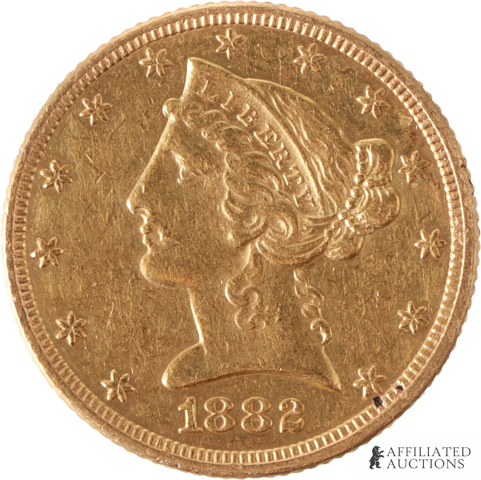 1882 $5 Liberty Head 90% Gold Coin: One $5 90% gold coin from 1882. Contains approximately .24 ounces of gold. Metal: 90% gold Country of Origin: USA Year Minted: 1882 | This lot has a reserve.