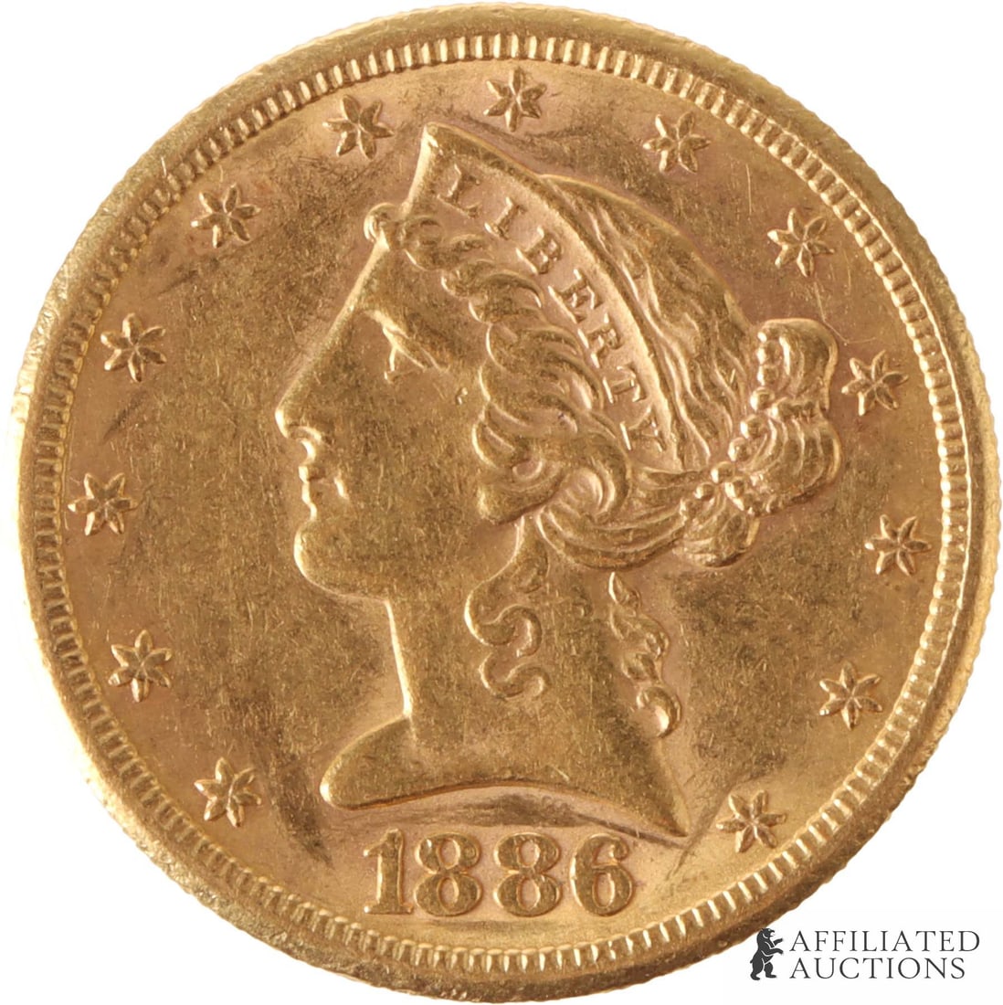1886-S $5 Liberty Head 90% Gold Coin: One $5 90% gold coin from 1886, San Francisco mint. Contains approximately .24 ounces of gold. Metal: 90% gold Country of Origin: USA Year Minted: 1886 | This lot has a reserve.