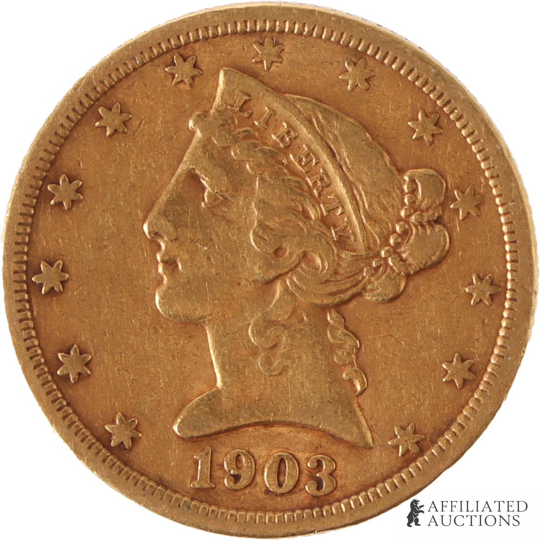 1903-S $5 Liberty Head 90% Gold Coin: One $5 90% gold coin from 1903, San Francisco mint. Contains approximately .24 ounces of gold. Metal: 90% gold Country of Origin: USA Year Minted: 1903 | This lot has a reserve.