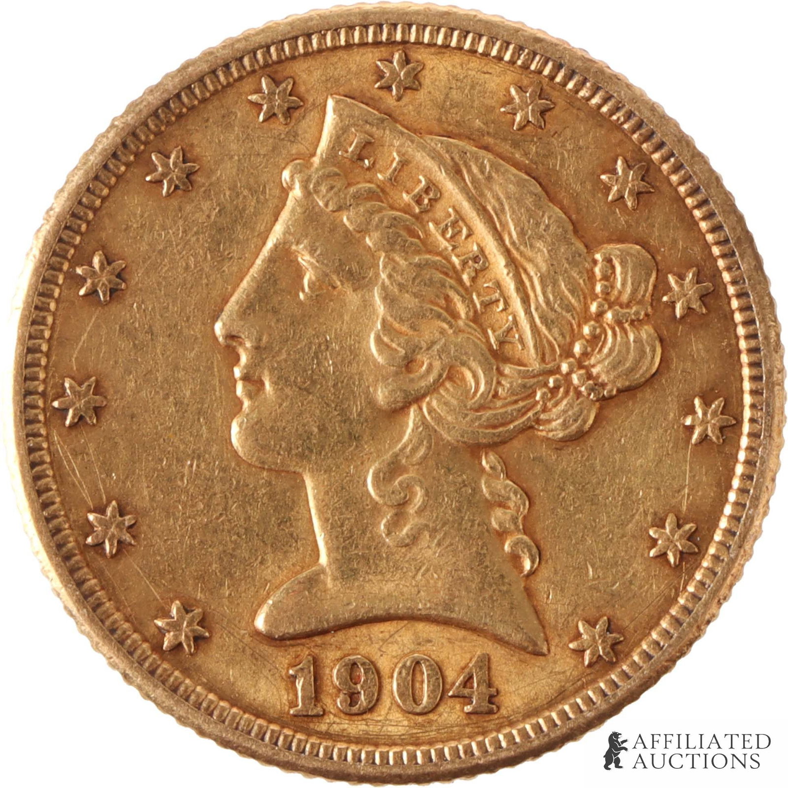 1904 $5 Liberty Head 90% Gold Coin: One $5 90% gold coin from 1904, San Francisco mint. Contains approximately .24 ounces of gold. Metal: 90% gold Country of Origin: USA Year Minted: 1904 | This lot has a reserve.