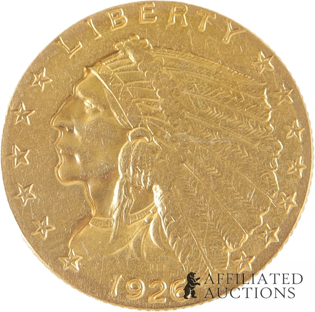 1926 Indian Head $2.50 Gold Quarter Eagle AU: 1926 Indian Head $2.50 gold quarter eagle. Housed in vintage paper collector packet with handwritten purchase note dated June 21, 1972. Metal: Gold Country of Origin: US Year Minted: 1926 | This lot h
