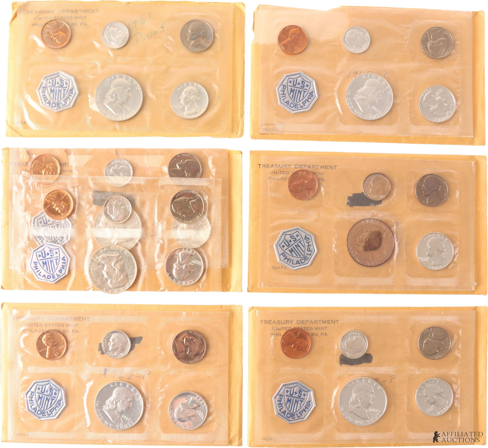 US 1961 & 1962 90% Silver Proof Set Lot of 6: A collection of six (6) 1961 and 1962. 90% Silver proof sets, all from the Philadelphia mint. Still with government envelopes. One 1961 set, five 1962 sets. Metal: 90% Silver Country of Origin: USA Ye