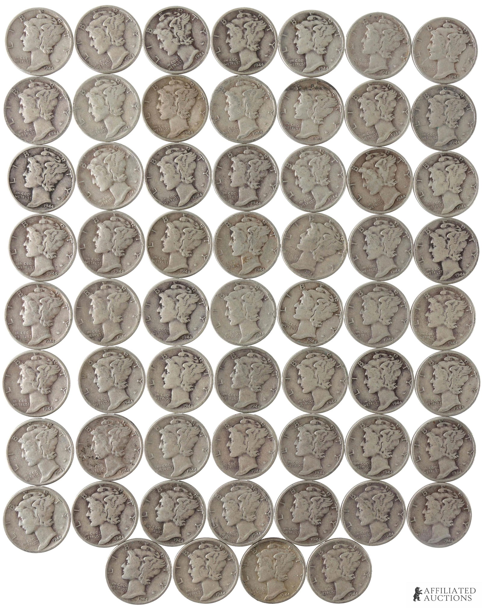 $5 Face Value Mercury Dimes 90% Silver 1944: $5 face value of 90% silver Mercury Dimes, all dating from the year 1944. Metal: 90% silver Country of Origin: USA Year Minted: 1944 | This lot has a reserve.