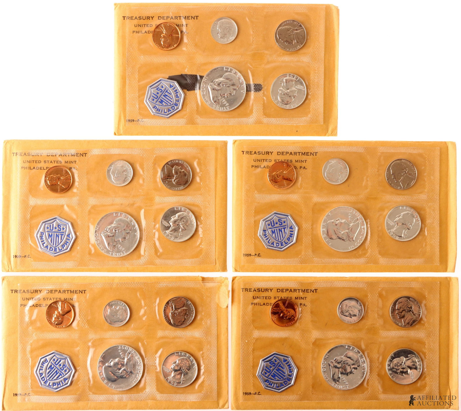 US 1959 90% Silver Proof Set Lot of 5: A collection of five (5) 1959 90% Silver proof sets, all from the Philadelphia mint. Still with government envelopes. Metal: 90% Silver Country of Origin: USA Year Minted: 1959 | This lot has a reserv