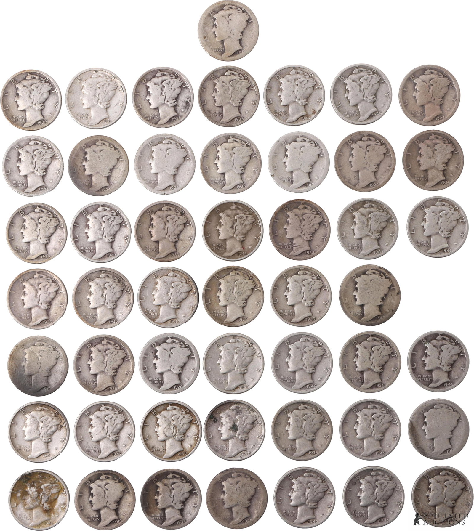 $5 Face Value Mercury Dimes 90% Silver Mixed Date: $5 face value of 90% silver Mercury Dimes, mixed date. Metal: 90% silver Country of Origin: USA Year Minted: 1939 | This lot has a reserve.