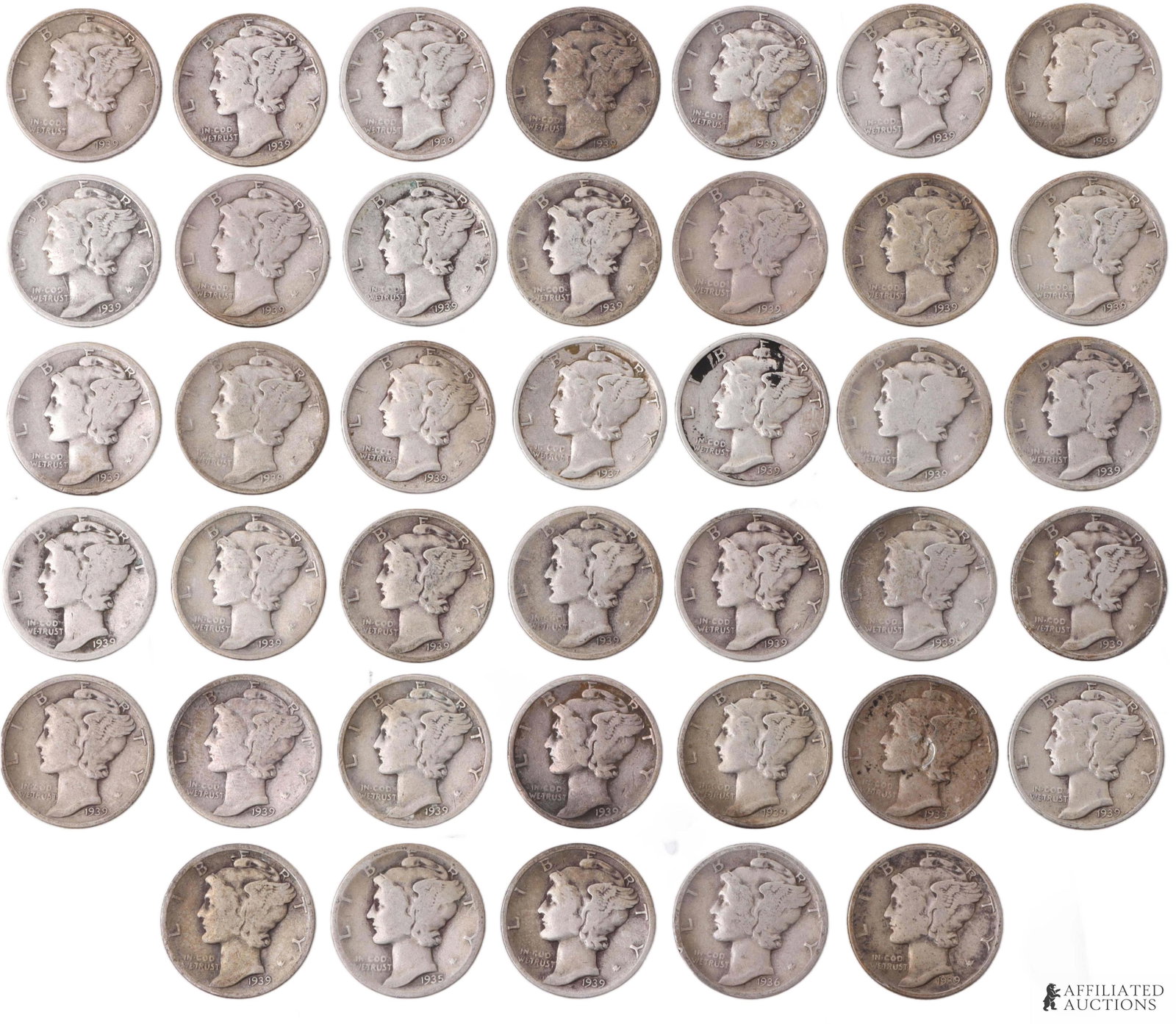 $4 Face Value Mercury Dimes 90% Silver 1939: $4 face value of 90% silver Mercury Dimes, all dating from the year 1939. Metal: 90% silver Country of Origin: USA Year Minted: 1939 | This lot has a reserve.