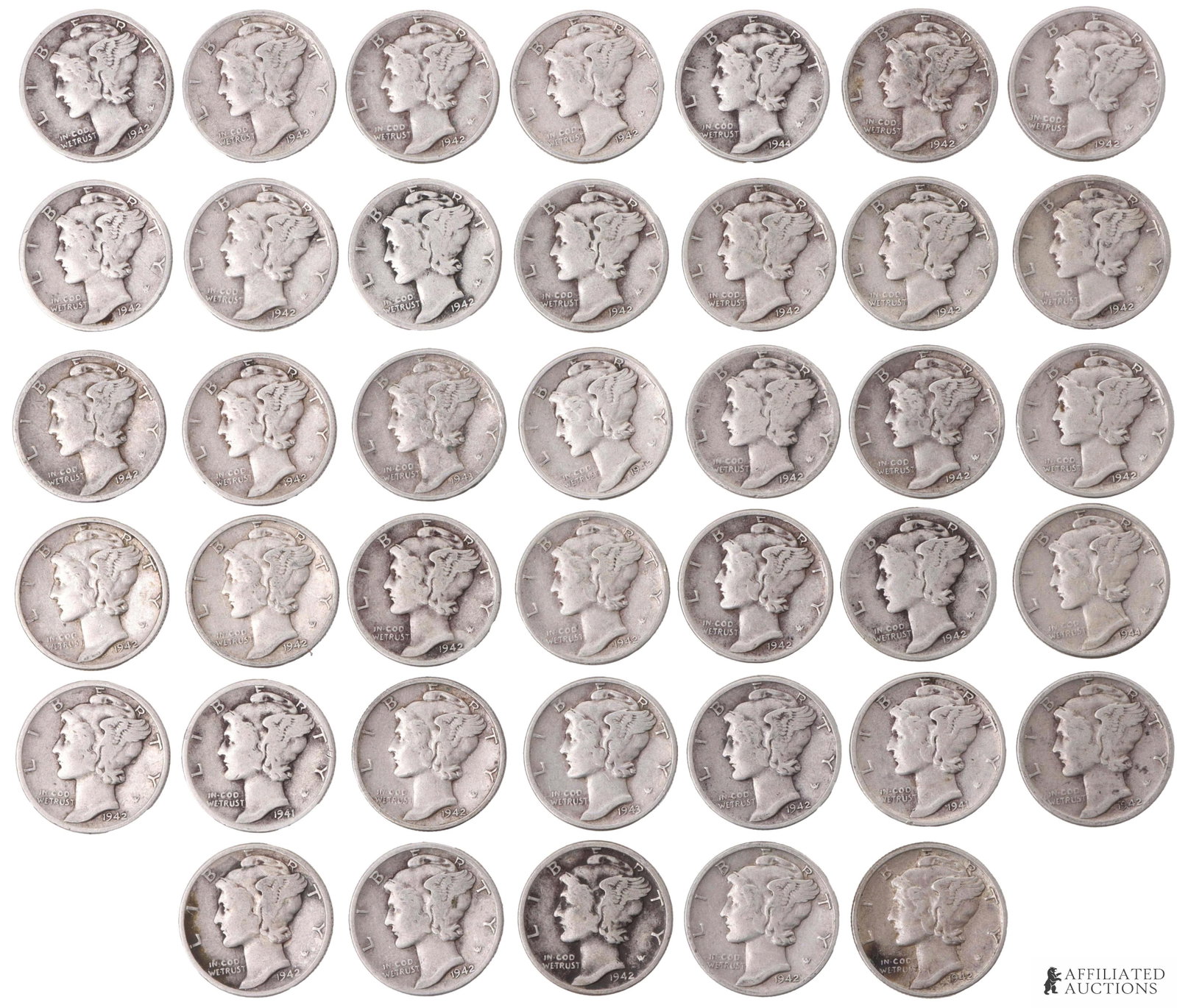 $4 Face Value Mercury Dimes 90% Silver 1942: $4 face value of 90% silver Mercury Dimes, all dating from the year 1942. Metal: 90% silver Country of Origin: USA Year Minted: 1942 | This lot has a reserve.