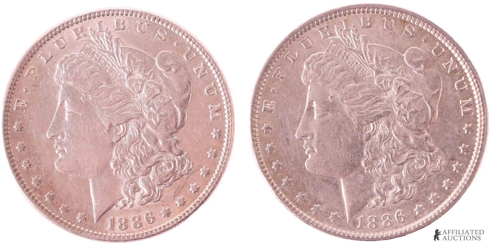 United States Morgan Silver Dollar 1886 Lot of 2: Two (2) 90% silver United States Morgan silver dollars, both 1886, Philadelphia. Mint. Each coin contains .7734 of a troy ounce of silver. Metal: 90% silver Country of Origin: United States of America