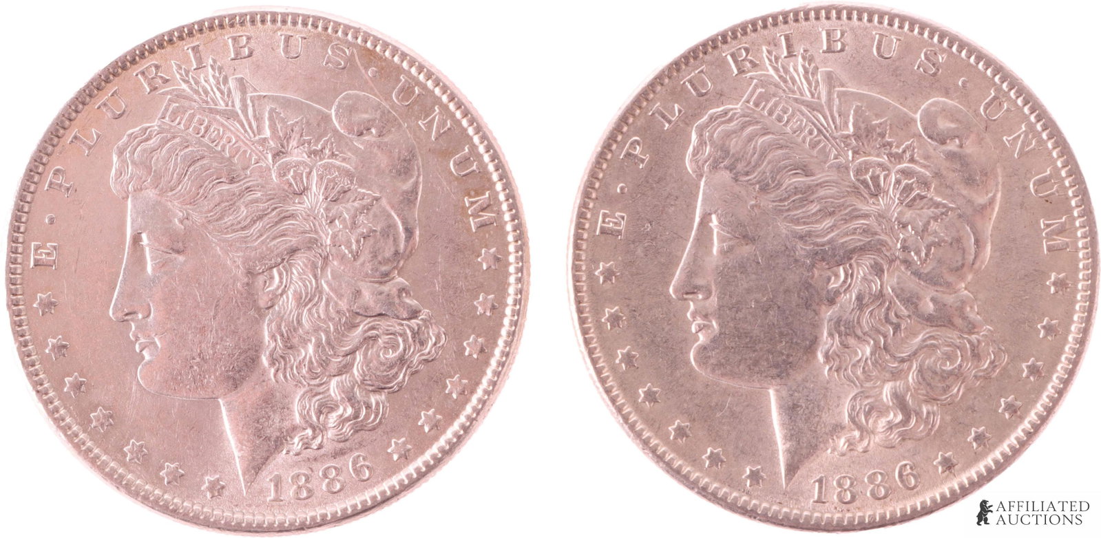 United States Morgan Silver Dollar 1886 Lot of 2: Two (2) 90% silver United States Morgan silver dollars, both 1886, Philadelphia. Mint. Each coin contains .7734 of a troy ounce of silver. Metal: 90% silver Country of Origin: United States of America