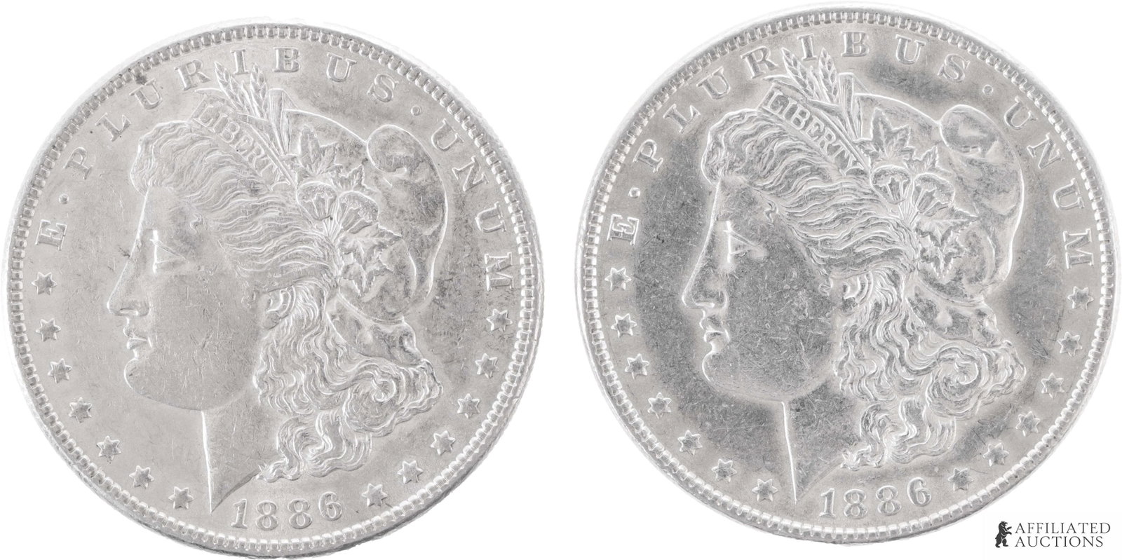 United States Morgan Silver Dollar 1886 Lot of 2: Two (2) 90% silver United States Morgan silver dollars, both 1886, Philadelphia. Mint. Each coin contains .7734 of a troy ounce of silver. Metal: 90% silver Country of Origin: United States of America