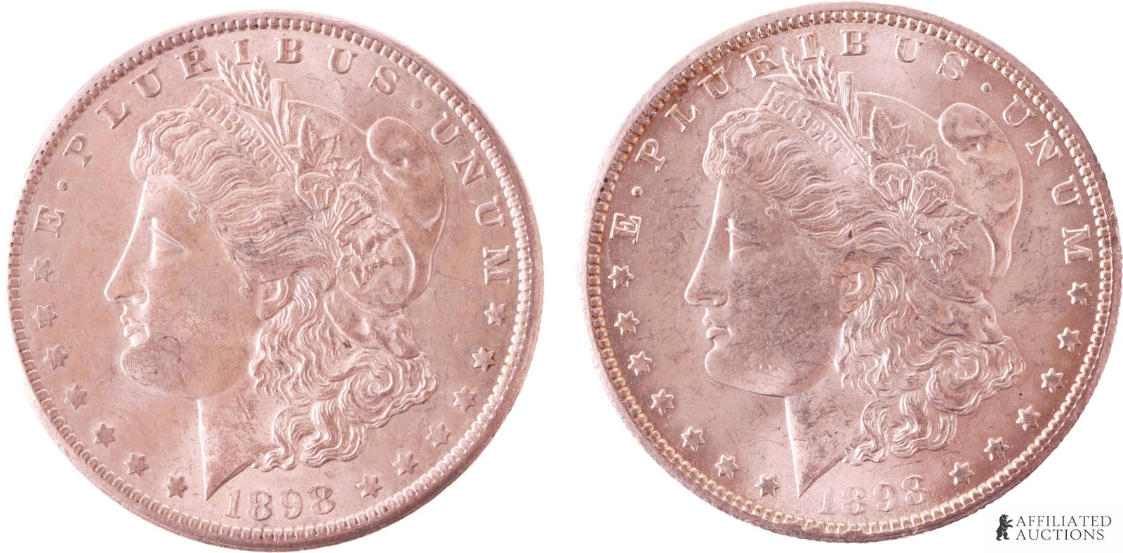 United States Morgan Silver Dollar 1898 O Lot of 2: Two (2) 90% silver United States Morgan silver dollars, both 1898, New Orleans Mint. Each coin contains .7734 of a troy ounce of silver. Metal: 90% silver Country of Origin: United States of America Y