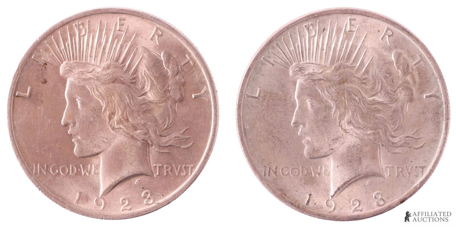 United States Peace Silver Dollar 1923 Lot of 2: Two (2) 90% silver United States Peace silver dollars, both 1923, Philadelphia. Mint. Each coin contains .7734 of a troy ounce of silver. Metal: 90% silver Country of Origin: United States of America 