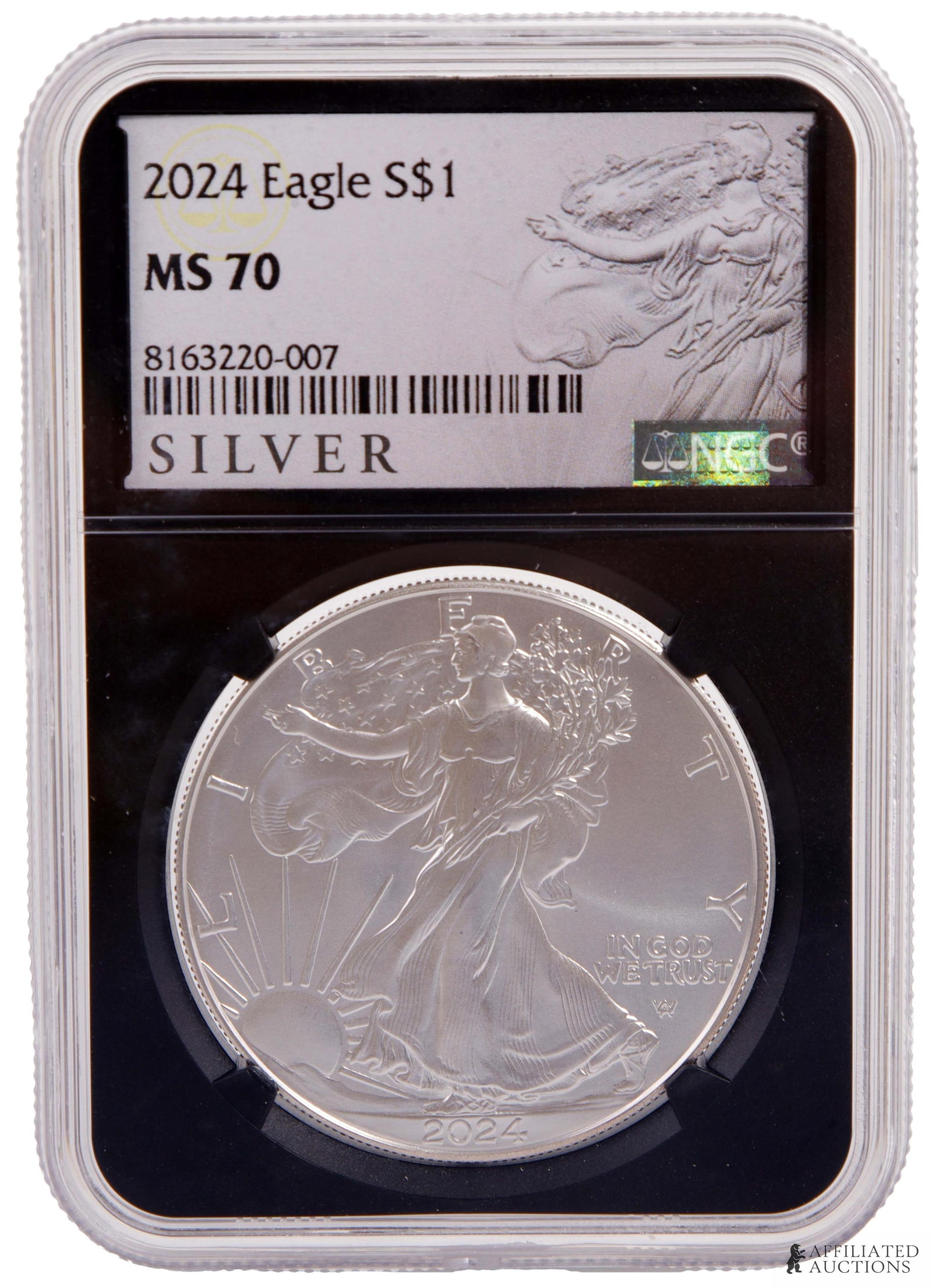 2024 Silver American Eagle Graded MS 70 Coin: Graded and encapsulated. Metal: Silver Country of Origin: USA Year Minted: 2024.