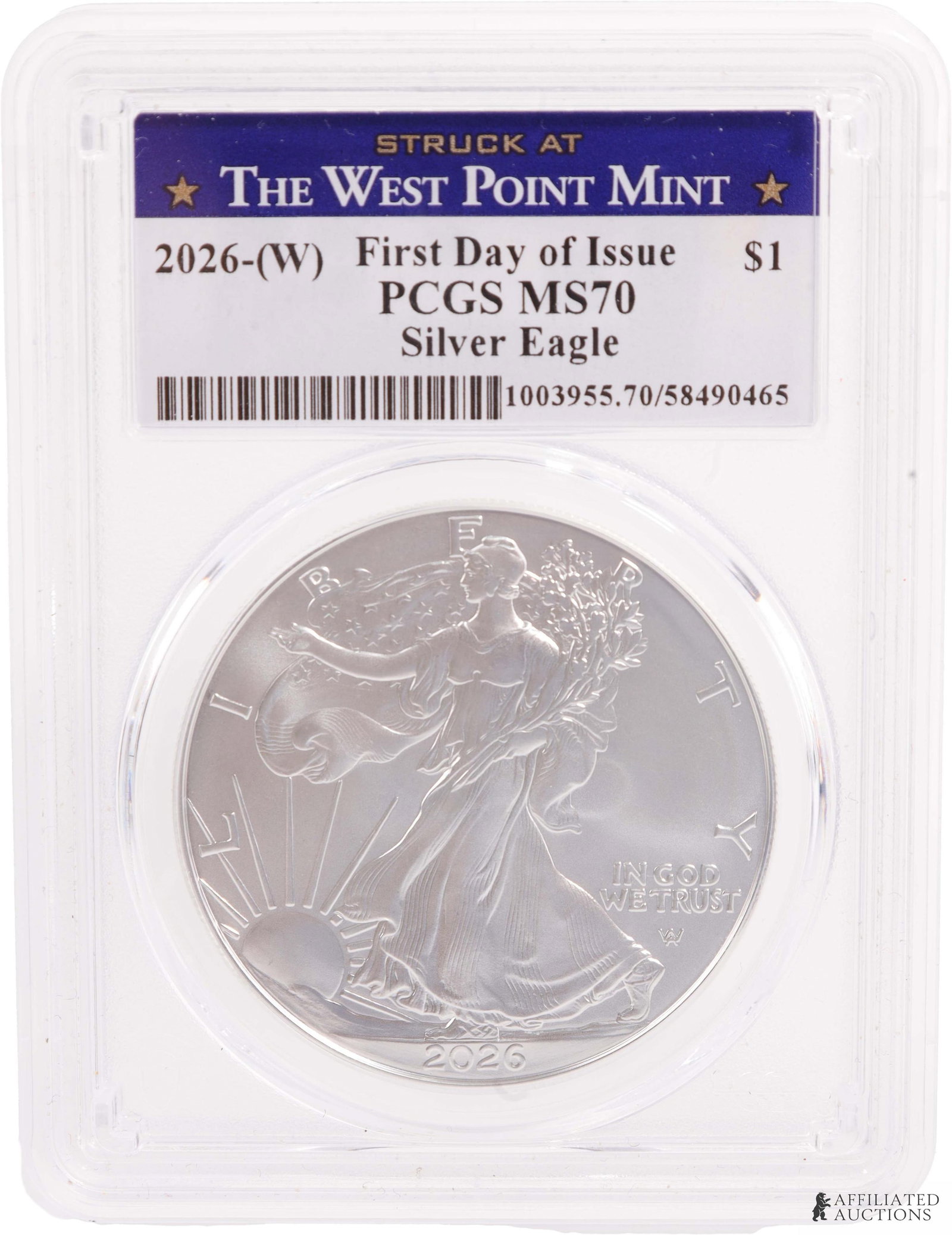 2026 Silver American Eagle PCGS West Point Coin: West Point First Day of Issue coin Metal: Silver Country of Origin: USA Year Minted: 2026.