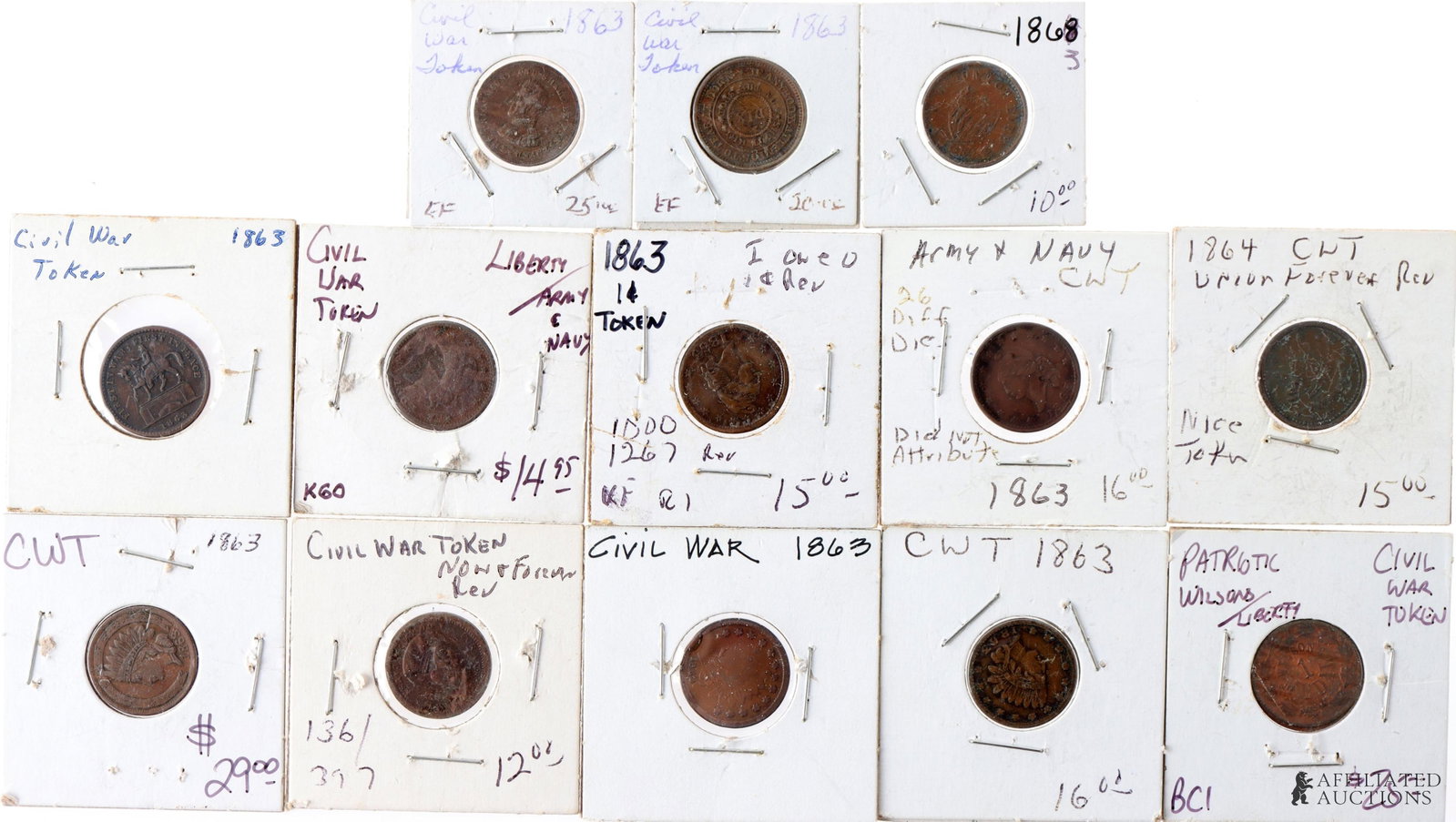 American Civil War Trade Tokens Lot of 13: A collection of ten (10) trade tokens from the American Civil War, dating from 1861 to 1863. Includes overstamped pennies.