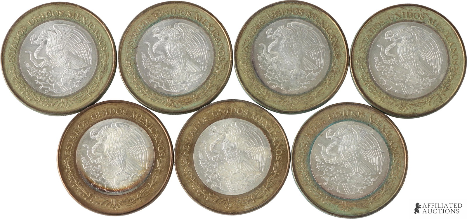 Mexico 100 Peso Coin with Sterling Lot of 6: A set of six (6) commemorative 2007 $100 peso coins from Mexico, featuring imagery honoring the various Mexican states. Coin is constructed with a .925 sterling core and a surrounding brass-copper rin