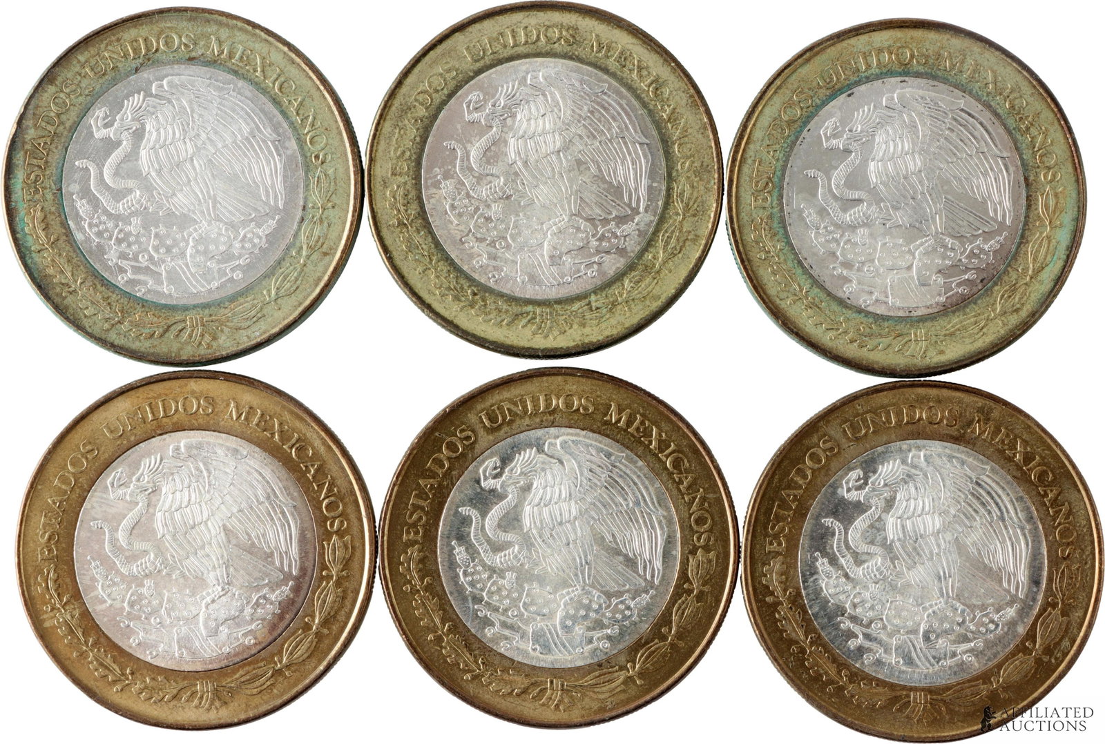 Mexico 100 Peso Coin with Sterling Lot of 6: A set of six (6) commemorative 2006 $100 peso coins from Mexico, featuring imagery honoring the various Mexican states. Coin is constructed with a .925 sterling core and a surrounding brass-copper rin