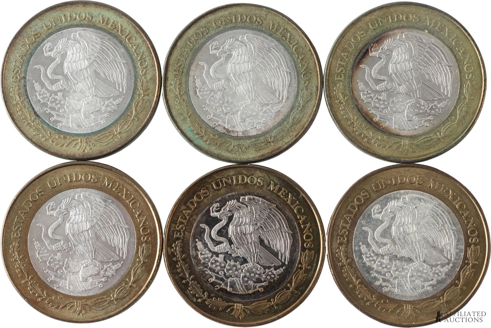 Mexico 100 Peso Coin with Sterling Lot of 6: A set of six (6) commemorative 2006 $100 peso coins from Mexico, featuring imagery honoring the various Mexican states. Coin is constructed with a .925 sterling core and a surrounding brass-copper rin