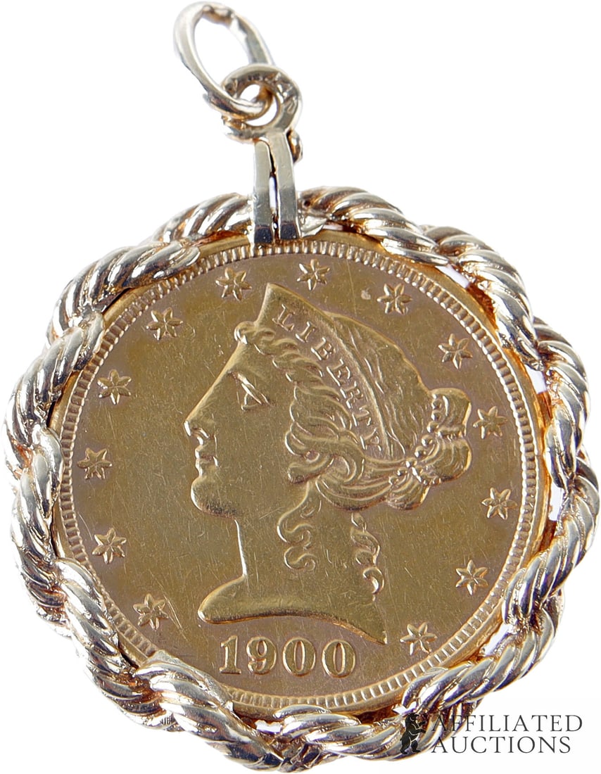 Liberty Head $5 Gold Coin 14K Gold Pendant Bezel: 1900 Liberty Head $5 gold coin in 14K yellow gold bezel. Diameter inclusive of bezel 25mm. Gross weight 11.8 grams. | This lot has a reserve.