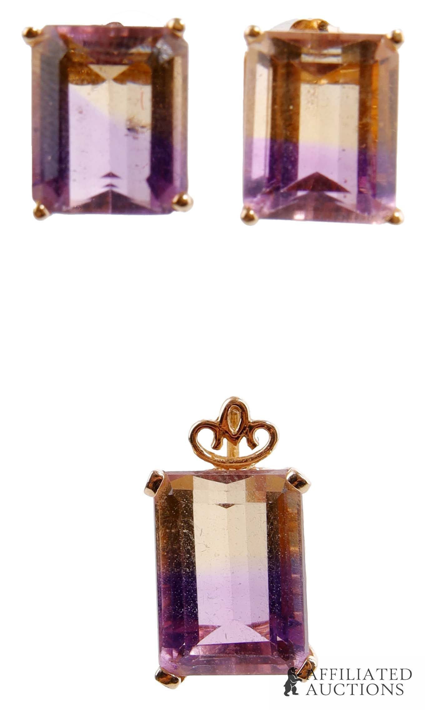 Ametrine Pendant and Stud Set 10K Gold: A set of ametrine and 10K gold pendant and earrings. 1) The pendant is a rectangle cut ametrine, set in an open heart design with prong setting. Approximate .75 inch length. 2) A pair of ametrine and 