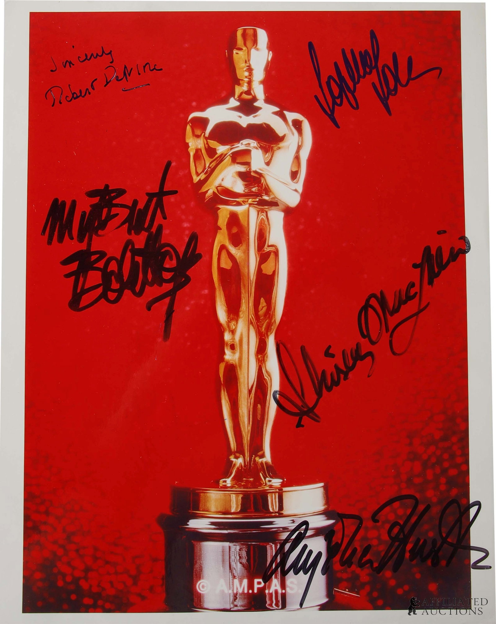 Multi Signed Oscar Photo DeNiro Hope Loren Others: An extraordinary multi-signed photograph featuring an Oscar statuette, hand-signed by five Hollywood legends and Academy Award winners: Robert De Niro, Bob Hope, Sophia Loren, Shirley MacLaine, and An