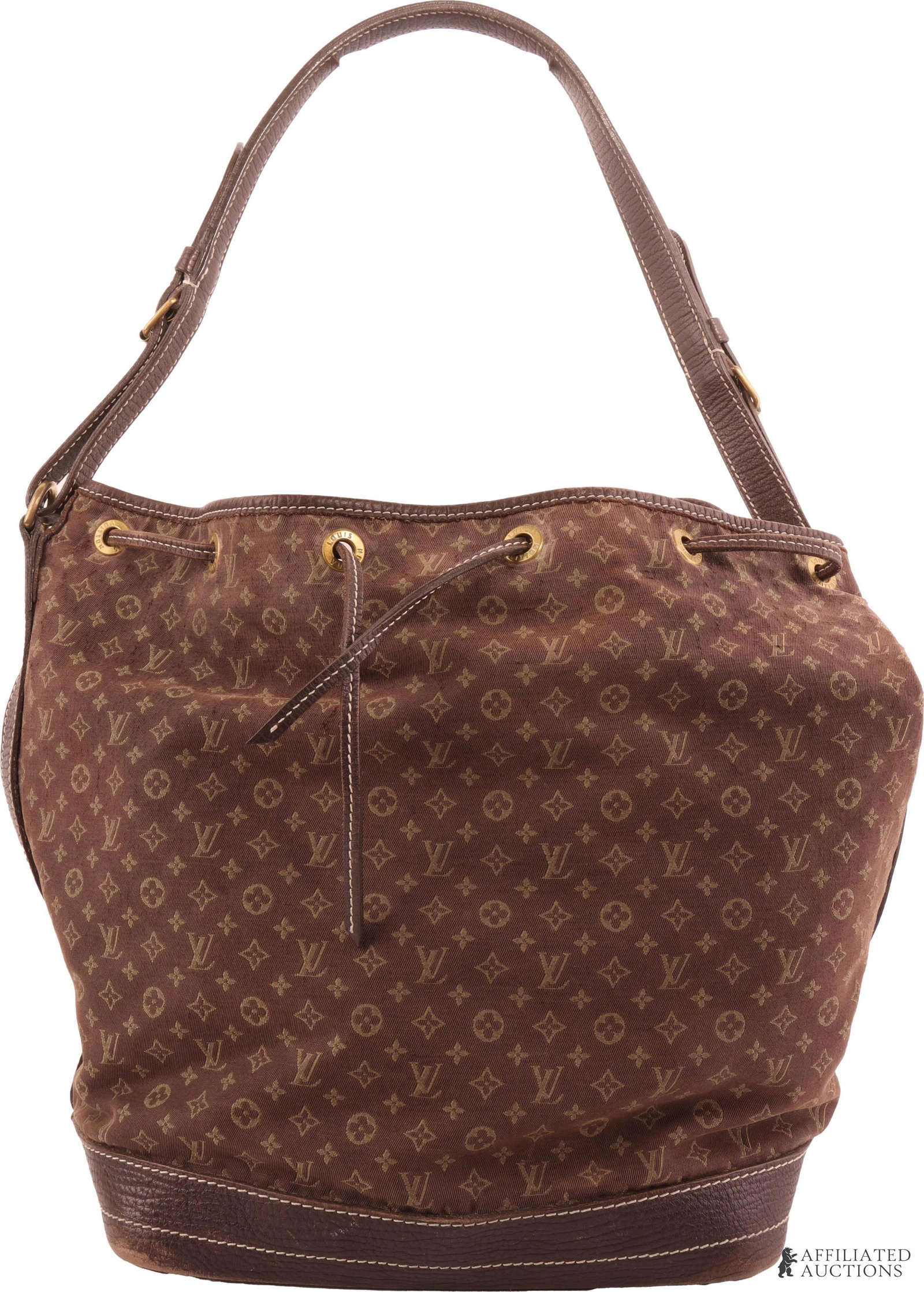 Louis Vuitton Monogram Mini Lin Noe Bag: Ebene Monogram Mini Lin canvas Noe bag trimmed with brown leather, adjustable shoulder strap, gold-tone hardware, and top drawstring tie closure. "Made in France" and "Louis Vuitton Paris" embossed on