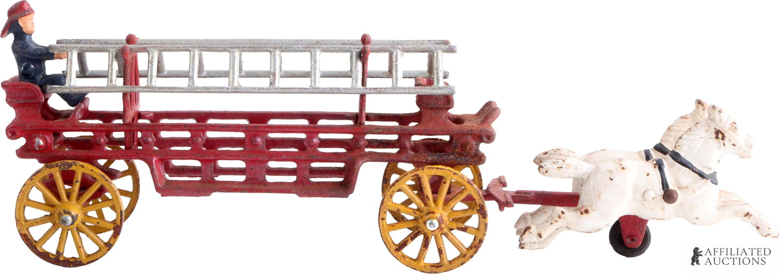 Hubley Hook and Ladder Antique Cast Iron Toy: A horse-drawn hook and ladder wagon from Hubley. 14.75 inches.