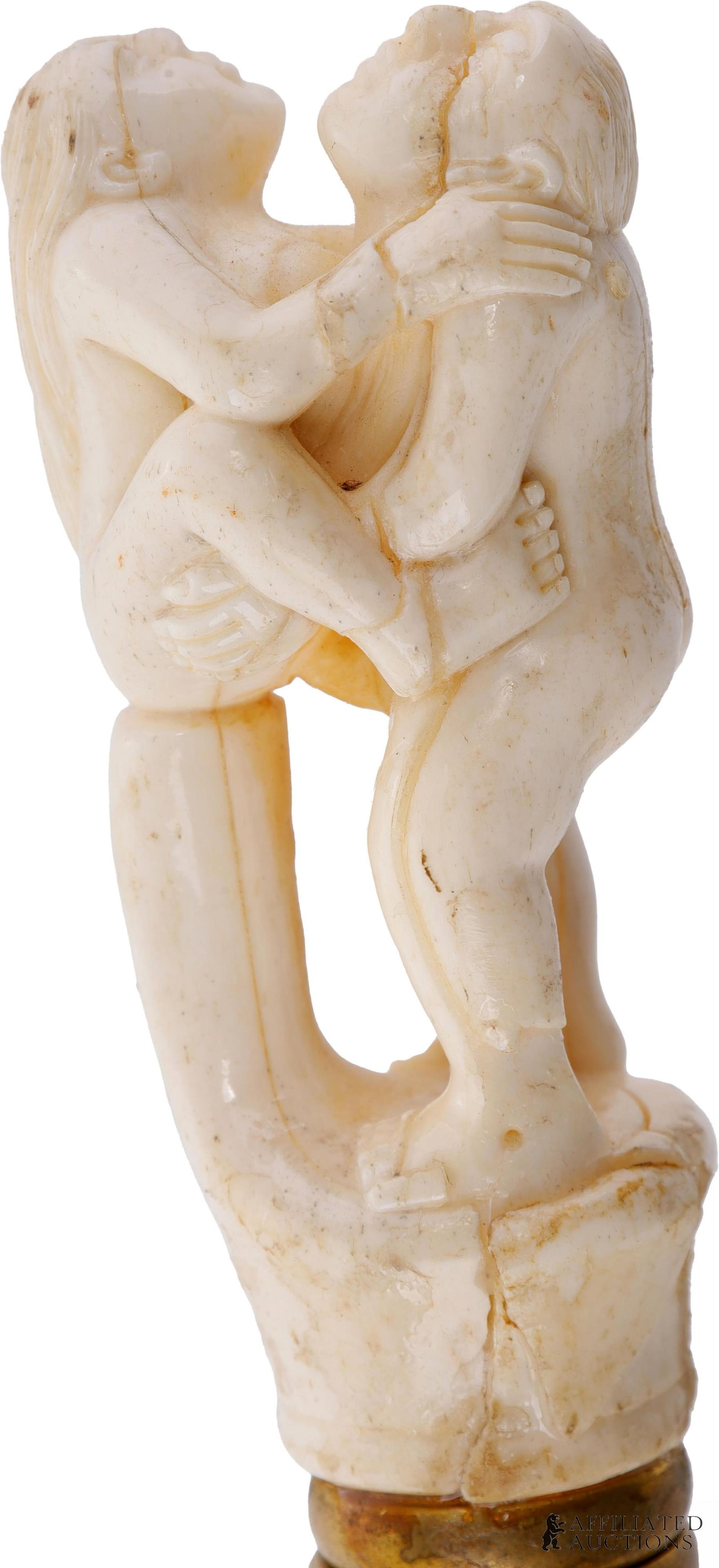 Erotic Scene Walking Stick Cane Antique Ivory: An antique ivory-knobbed cane showing two figures in intercourse. Antique ivory knob is a multi-piece construction fitted together. Wooden stick, brass ferrule. No international shipping; know your lo