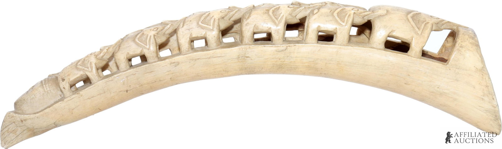 24 Inch Antique African Ivory Tusk Elephant Motif: 24 inch tusk with alternating elephants and masked head at the tip. Over 100 years old. No international shipping. Know your state laws prior to bidding.