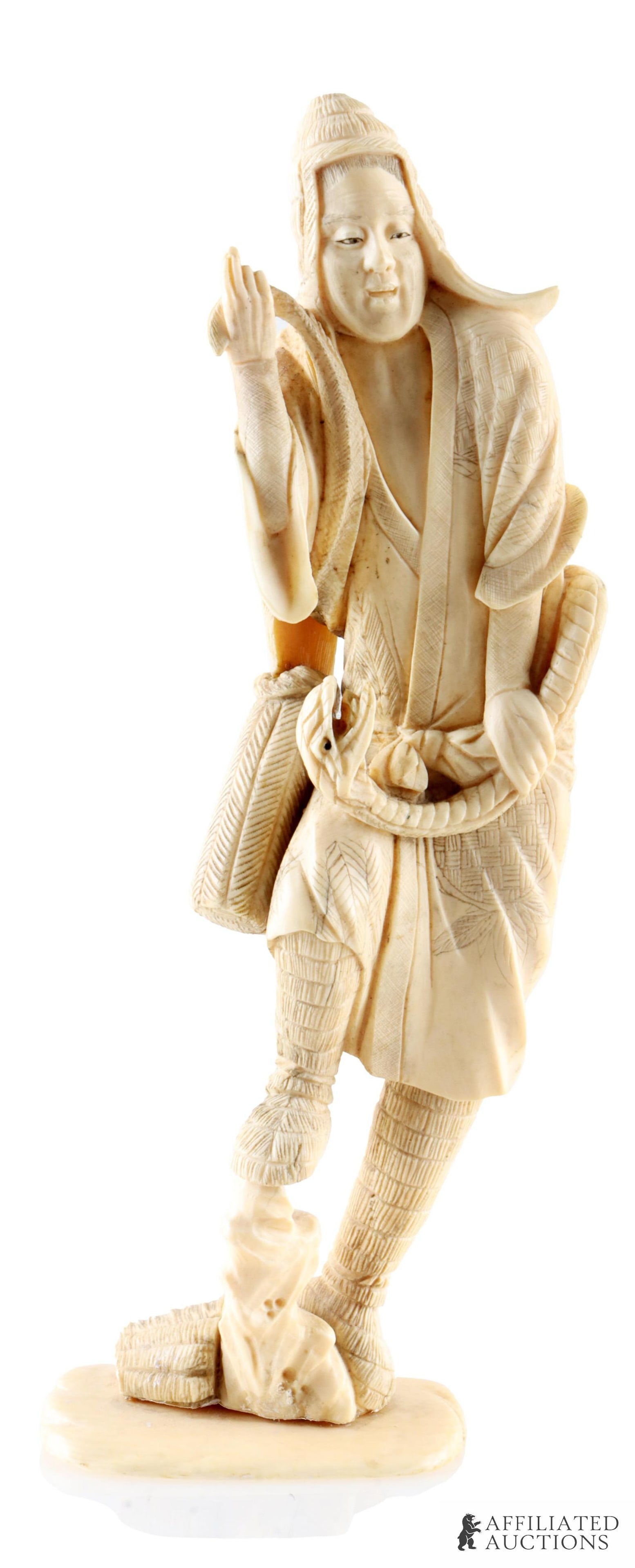 Signed Japanese Meiji Period Okimono: Meiji period ivory tusk of a man holding a snake. Signed on the base. It measures 8 3/8 X 2 5/8 inches. Over 100 years old. No international shipping. Know your state laws prior to bidding.