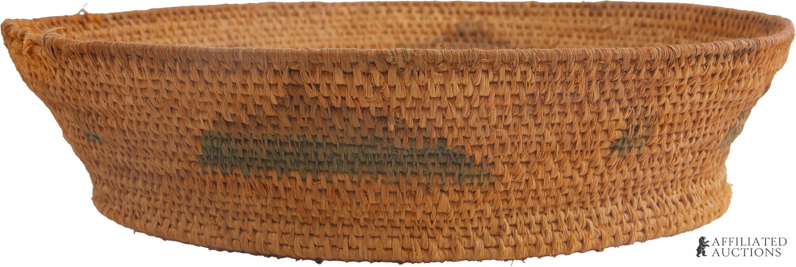 West Native American Ceremonial Basket: A woven basket from the American Western natives. The specific construction of this basket suggests that is a product of the Yokut of California or a closely related group. 10.25 inch diameter, 2.5 in