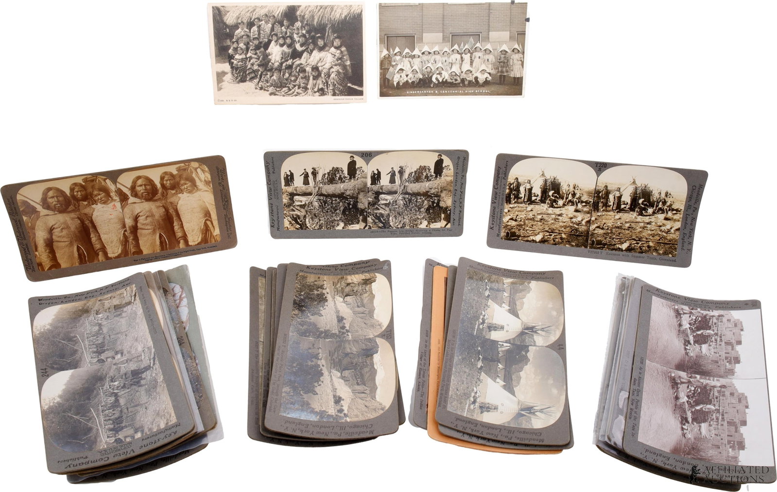 Native American Stereoview Keystone View 25 Pcs: Lot of twenty-five (25) stereoscope stereoview cards by Keystone View Company and others. Largely Native American and American West scenes. Includes #H8 Feathered and Painted Braves of the Warlike Sio