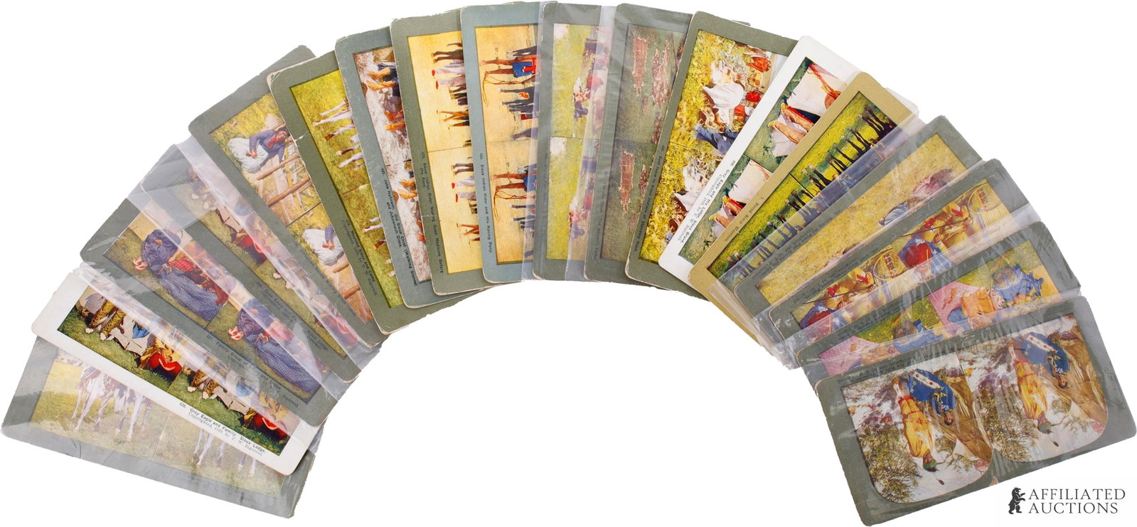 Sioux & Chippewa Ingersoll Stereoview Cards 18 Pcs: Lot of eighteen (18) T. W. Ingersoll Native American stereoscope stereoview cards. Life among the Sioux & Chippewa in color, late-19th century. Includes 449. Chief Black Hawk, Squaw Papoose. | 493. Ja