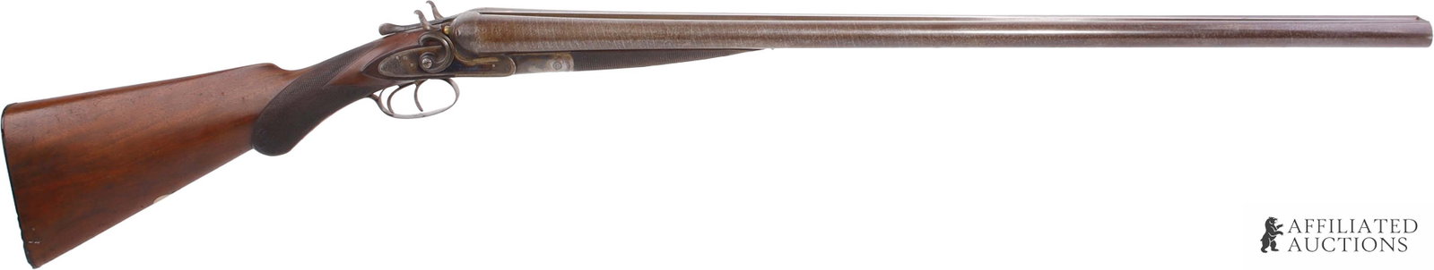 Fine W. & C. Scott 12 Gauge Hammer Shotgun: W. & C. Scott & Son side-by-side hammer shotgun, 12 gauge. Production ca. 1885. Dual trigger sidelock ejector action. Damascus twist barrels with case colored action, checkered wood stock and checkere