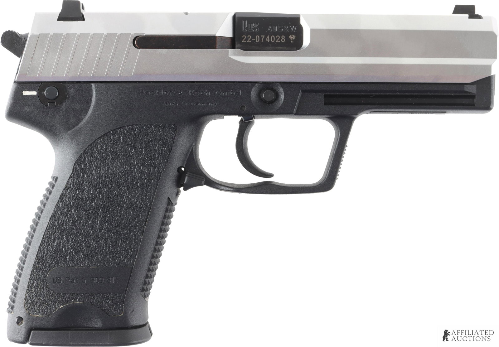 Heckler & Koch HK USP Stainless .40 S&W Pistol: Heckler & Koch USP semi-automatic pistol with stainless steel slide finish. Barrel length 4.25 inches. Includes one (1) 10-round magazine. FFL required for transfer. Caliber: 40 Smith & Wesson Serial 
