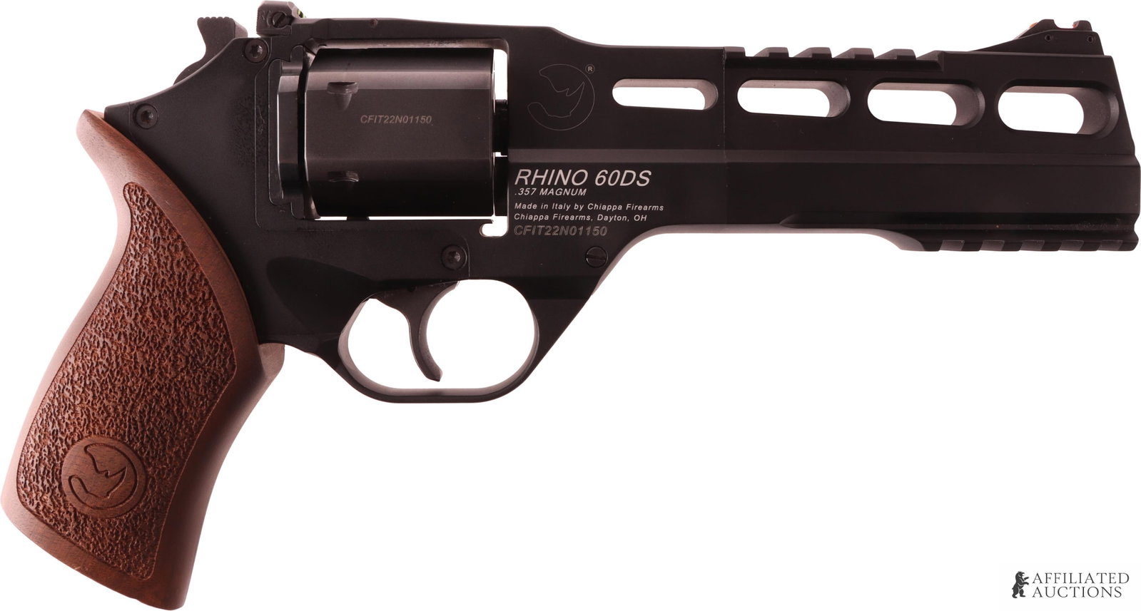 Chiappa Rhino 60DS .357 Magnum DA/SA Revolver: Chiappa Rhino 60DS double-action revolver. Barrel length 6 inches. Capacity 6 rounds. Matte black finish with factory wood grips. FFL required for transfer. Caliber: 357 Magnum Serial Number: CFIT22N0
