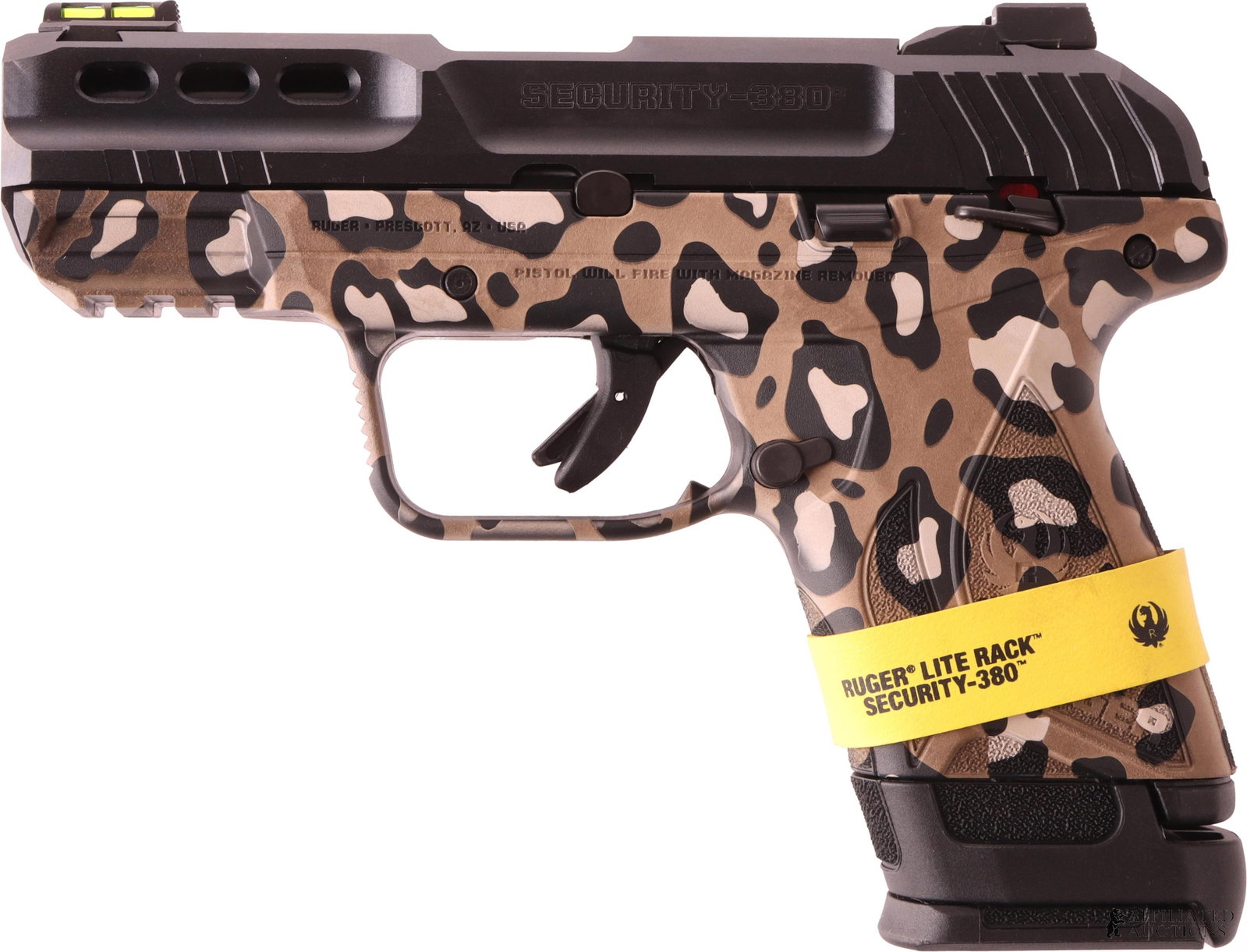 Ruger Security-380 Leopard Print .380 ACP Pistol: New in box Ruger Security 380 semi-automatic pistol with leopard print frame finish. Includes two (2) magazines (1x9rd, 1x15rd). FFL required for transfer. Caliber: 380 Automatic Serial Number: 389-02