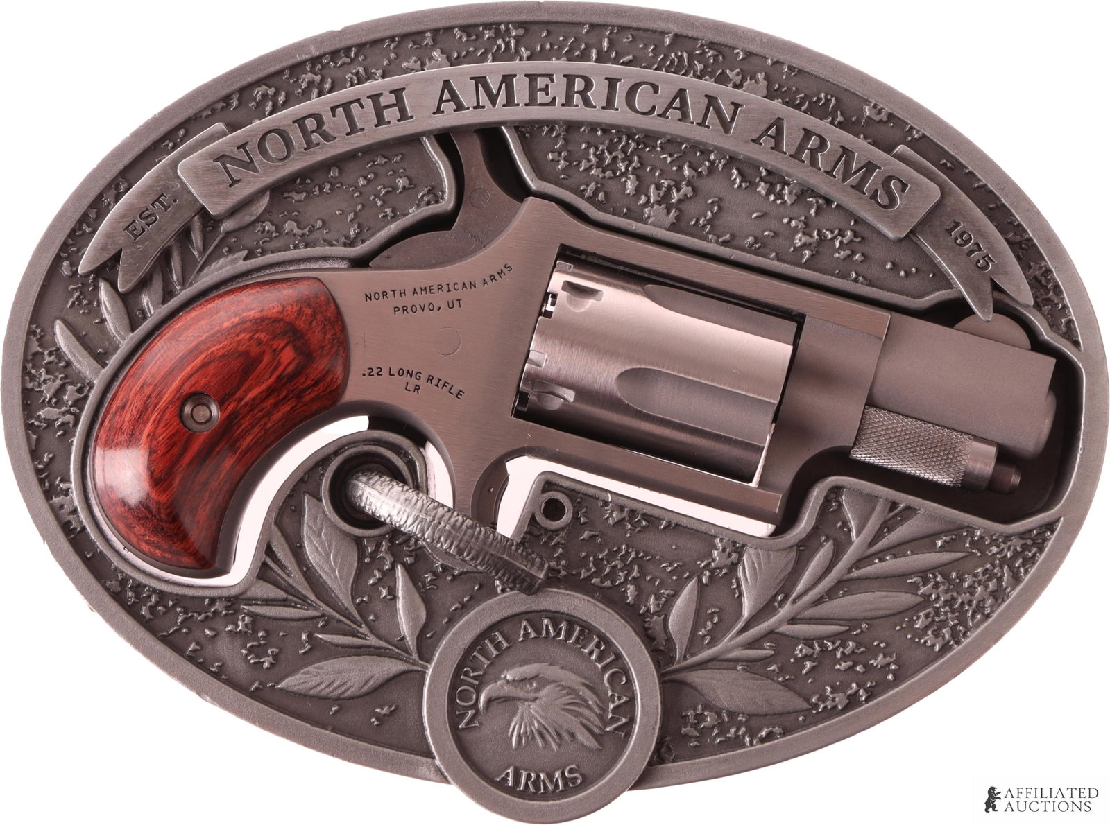 North American Arms 22LR Belt Buckle Mini Revolver: New in box North American Arms .22 LR Mini Revolver with 1-1/8" stainless steel belt buckle holster. FFL required for transfer. Caliber: 22 Long Rifle Serial Number: N073371 Model Number: NAA-22LR-BBO